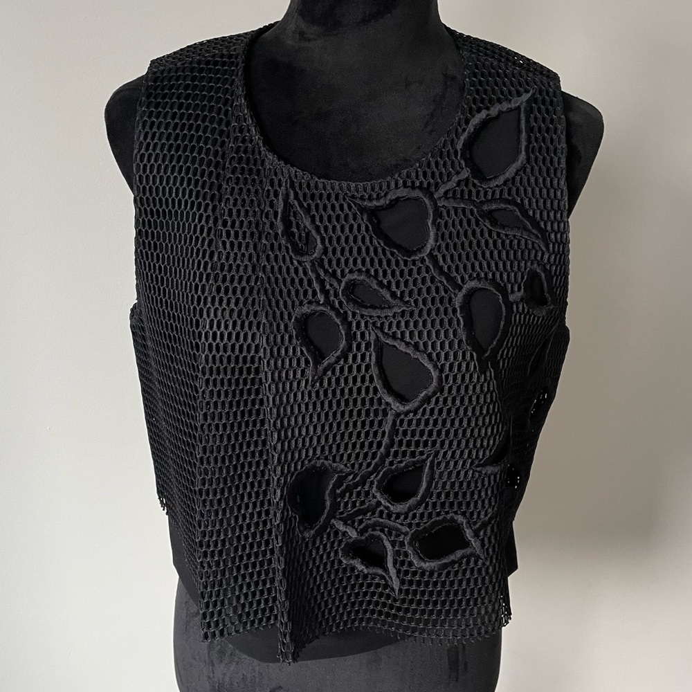 Sachin & Babi Noir Jet Black Mesh Floral Leaf Eyelet Cropped Top NWT Size Large